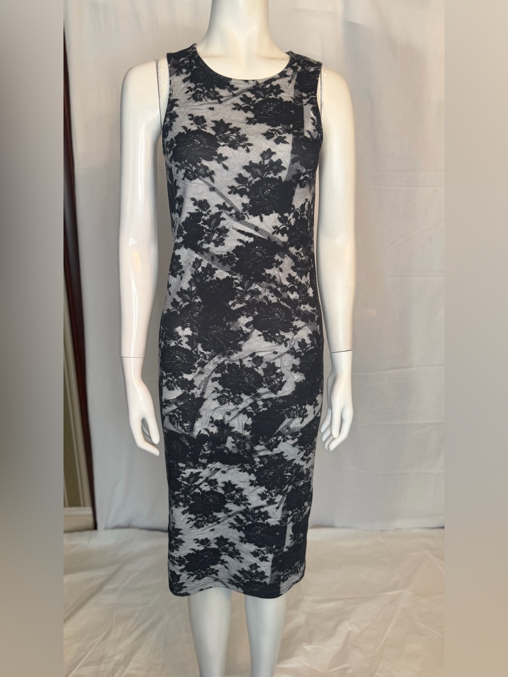McQ by Alexander McQueen Black and White Floral Lace Midi Dress